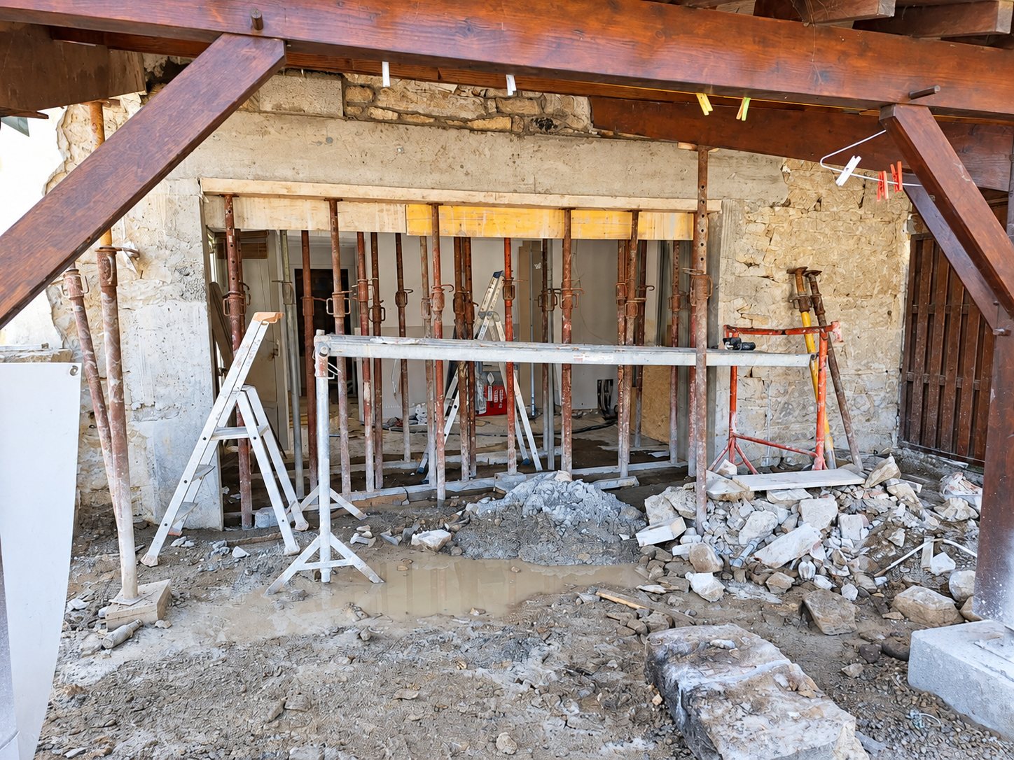 Ouverture dans un mur en pierre soutenue par de nombreux étais métalliques, avec gravats, échelles et poutres en bois sur un chantier de rénovation.