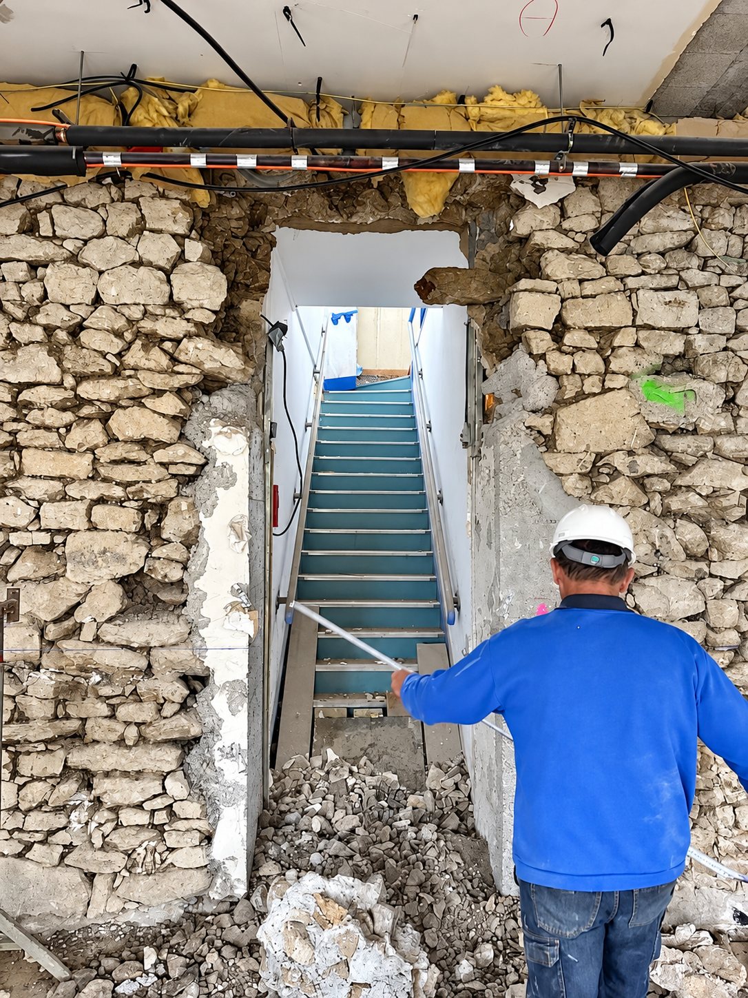 Un ouvrier en pull bleu et casque blanc se tient face à une ouverture percée dans un vieux mur en pierre, laissant voir un escalier, au milieu des gravats d'un chantier de rénovation.
