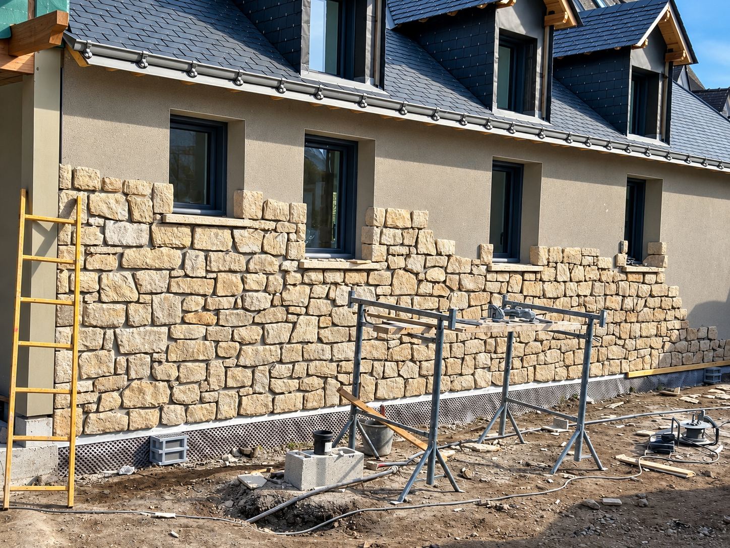 Façade d'une maison en construction dont le soubassement est en cours de habillage avec un parement de pierres beiges, avec échafaudages bas et échelle en bois.