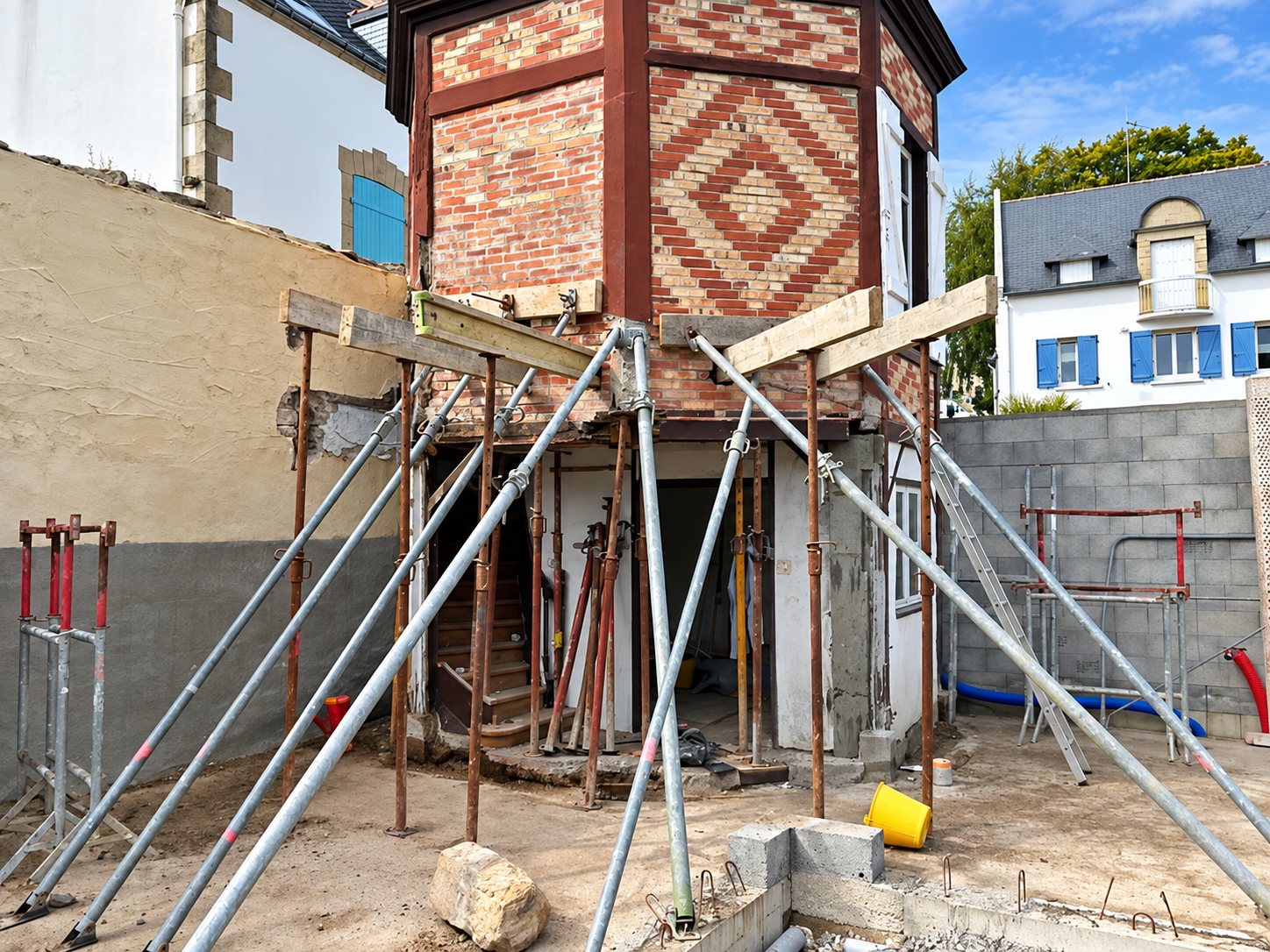 Tourelle en briques maintenue par des étais métalliques pendant le chantier.